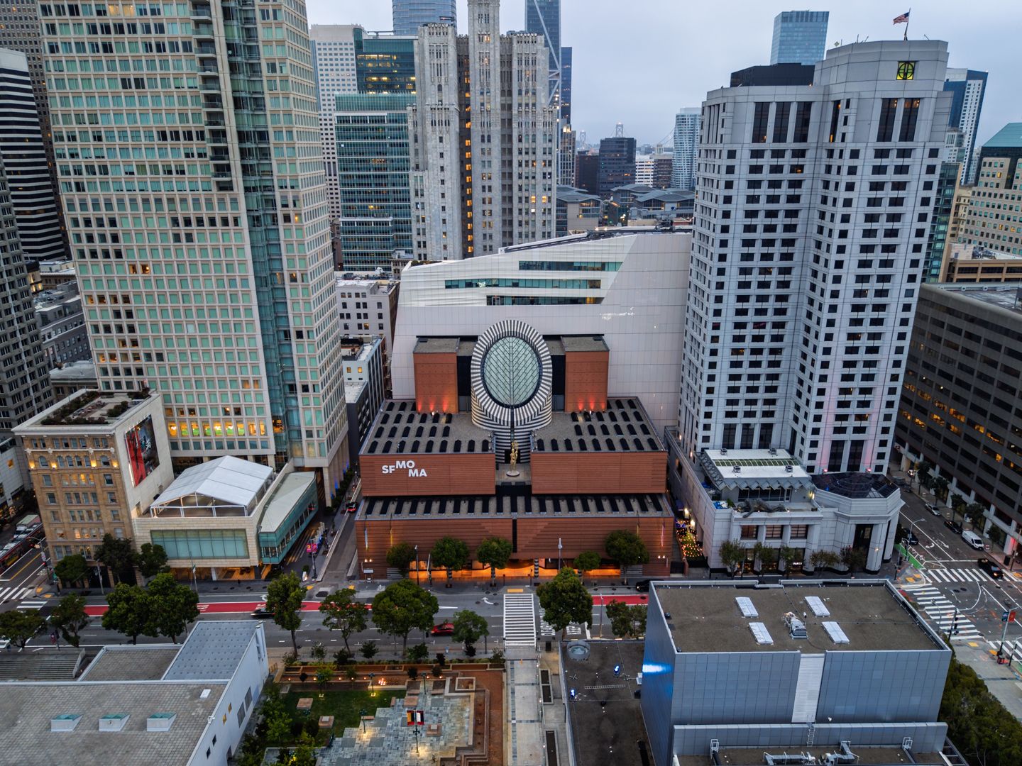 Aerial view of the 706 Mission tower amid the downtown San Francisco skyline