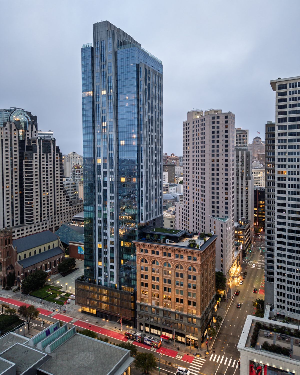 Aerial view of the 706 Mission tower amid the downtown San Francisco skyline